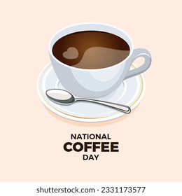 National Coffee Day vector illustration. Black coffee in a white cup with a saucer and a spoon vector. September 29. Important day