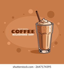 National Coffee Milkshake Day to celebrate on July 26th. A glass of coffee mixed with milk topped with cream on bright brown background. Drink event banner.