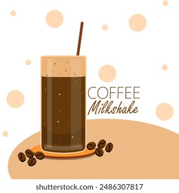 National Coffee Milkshake Day event drink banner. A glass of coffee milkshake with coffee beans on table to celebrate on July 26th