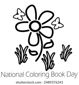 National Coloring Book Day event banner. Line drawing of flowers, butterflies and grass for coloring on white background to celebrate August 2nd