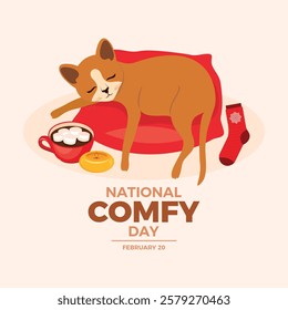 National Comfy Day poster vector illustration. Cute orange cat sleeping on a red pillow icon vector. Adorable domestic cat relaxing on a pillow cartoon. February 20. Important day