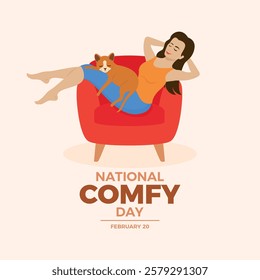 National Comfy Day poster vector illustration. Woman and cat relaxing on sofa vector. Girl and pet cat sleeping on a red armchair drawing. Template for background, banner, card. February 20.