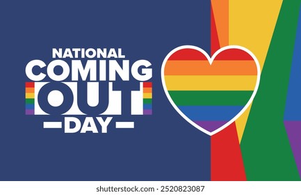 National Coming Out Day. Pride month. LGBT rainbow flag. Happy holiday. Diversity and equality. Gay and lesbian. Free love, heart shape. Illustration. Vector poster