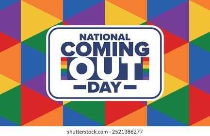 Nationaler Coming Out Day. Pride Monat. LGBT-Regenbogenfahne. Frohe Feiertage. Vielfalt und Gleichheit. Schwul und lesbisch. Freie Liebe, Herzform. Illustration Vektorposter