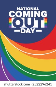 National Coming Out Day. Pride month. LGBT rainbow flag. Happy holiday. Diversity and equality. Gay and lesbian. Free love, heart shape. Illustration. Vector poster