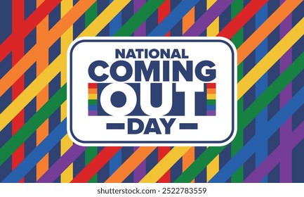 National Coming Out Day. Pride month. LGBT rainbow flag. Happy holiday. Diversity and equality. Gay and lesbian. Free love, heart shape. Illustration. Vector poster