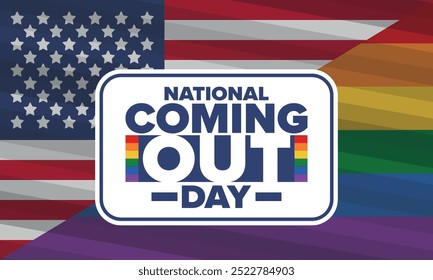 National Coming Out Day. Pride month. LGBT rainbow flag. Happy holiday. Diversity and equality. Gay and lesbian. Free love, heart shape. Illustration. Vector poster