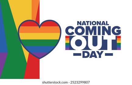 National Coming Out Day. Pride month. LGBT rainbow flag. Happy holiday. Diversity and equality. Gay and lesbian. Free love, heart shape. Illustration. Vector poster