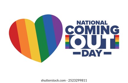 National Coming Out Day. Pride month. LGBT rainbow flag. Happy holiday. Diversity and equality. Gay and lesbian. Free love, heart shape. Illustration. Vector poster