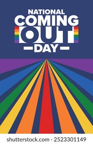 National Coming Out Day. Pride month. LGBT rainbow flag. Happy holiday. Diversity and equality. Gay and lesbian. Free love, heart shape. Illustration. Vector poster