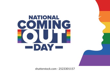 National Coming Out Day. Pride month. LGBT rainbow flag. Happy holiday. Diversity and equality. Gay and lesbian. Free love, heart shape. Illustration. Vector poster