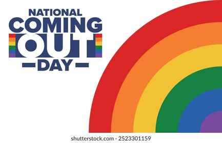 National Coming Out Day. Pride month. LGBT rainbow flag. Happy holiday. Diversity and equality. Gay and lesbian. Free love, heart shape. Illustration. Vector poster