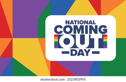 National Coming Out Day. Pride month. LGBT rainbow flag. Happy holiday. Diversity and equality. Gay and lesbian. Free love, heart shape. Illustration. Vector poster