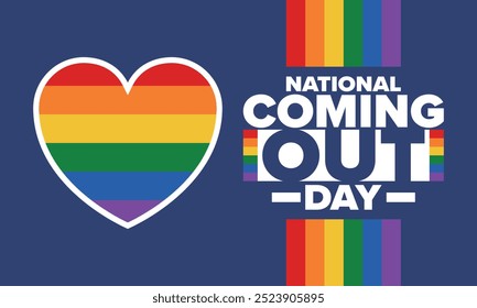 National Coming Out Day. Pride month. LGBT rainbow flag. Happy holiday. Diversity and equality. Gay and lesbian. Free love, heart shape. Illustration. Vector poster