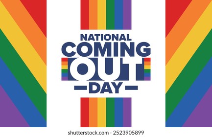 National Coming Out Day. Pride month. LGBT rainbow flag. Happy holiday. Diversity and equality. Gay and lesbian. Free love, heart shape. Illustration. Vector poster