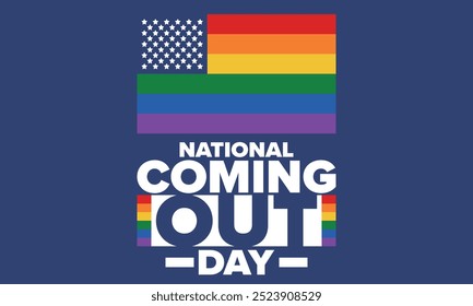 National Coming Out Day. Pride month. LGBT rainbow flag. Happy holiday. Diversity and equality. Gay and lesbian. Free love, heart shape. Illustration. Vector poster