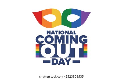 National Coming Out Day. Pride month. LGBT rainbow flag. Happy holiday. Diversity and equality. Gay and lesbian. Free love, heart shape. Illustration. Vector poster