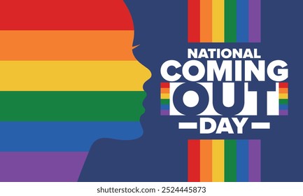 National Coming Out Day. Pride month. LGBT rainbow flag. Happy holiday. Diversity and equality. Gay and lesbian. Free love, heart shape. Illustration. Vector poster