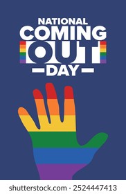 National Coming Out Day. Pride month. LGBT rainbow flag. Happy holiday. Diversity and equality. Gay and lesbian. Free love, heart shape. Illustration. Vector poster