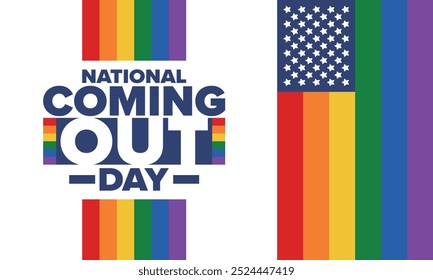 National Coming Out Day. Pride month. LGBT rainbow flag. Happy holiday. Diversity and equality. Gay and lesbian. Free love, heart shape. Illustration. Vector poster