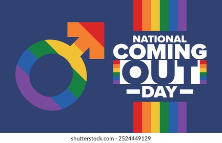 National Coming Out Day. Pride month. LGBT rainbow flag. Happy holiday. Diversity and equality. Gay and lesbian. Free love, heart shape. Illustration. Vector poster