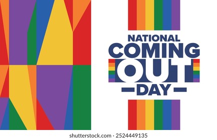 National Coming Out Day. Pride month. LGBT rainbow flag. Happy holiday. Diversity and equality. Gay and lesbian. Free love, heart shape. Illustration. Vector poster