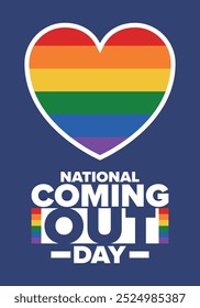 National Coming Out Day. Pride month. LGBT rainbow flag. Happy holiday. Diversity and equality. Gay and lesbian. Free love, heart shape. Illustration. Vector poster