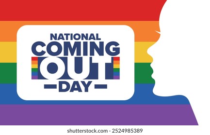 National Coming Out Day. Pride month. LGBT rainbow flag. Happy holiday. Diversity and equality. Gay and lesbian. Free love, heart shape. Illustration. Vector poster