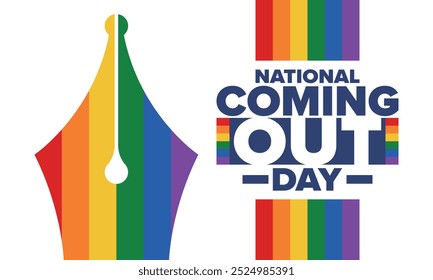 National Coming Out Day. Pride month. LGBT rainbow flag. Happy holiday. Diversity and equality. Gay and lesbian. Free love, heart shape. Illustration. Vector poster