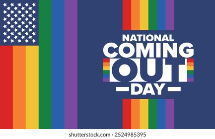 National Coming Out Day. Pride month. LGBT rainbow flag. Happy holiday. Diversity and equality. Gay and lesbian. Free love, heart shape. Illustration. Vector poster