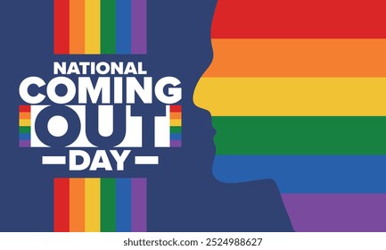 National Coming Out Day. Pride month. LGBT rainbow flag. Happy holiday. Diversity and equality. Gay and lesbian. Free love, heart shape. Illustration. Vector poster