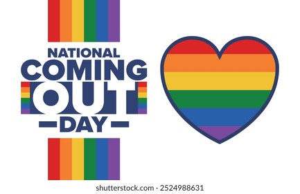 National Coming Out Day. Pride month. LGBT rainbow flag. Happy holiday. Diversity and equality. Gay and lesbian. Free love, heart shape. Illustration. Vector poster