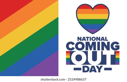 National Coming Out Day. Pride month. LGBT rainbow flag. Happy holiday. Diversity and equality. Gay and lesbian. Free love, heart shape. Illustration. Vector poster