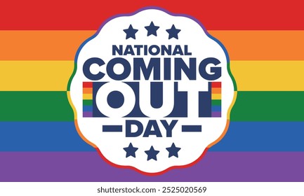 National Coming Out Day. Pride month. LGBT rainbow flag. Happy holiday. Diversity and equality. Gay and lesbian. Free love, heart shape. Illustration. Vector poster