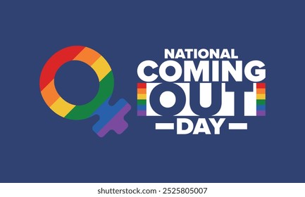 National Coming Out Day. Pride month. LGBT rainbow flag. Happy holiday. Diversity and equality. Gay and lesbian. Free love, heart shape. Illustration. Vector poster