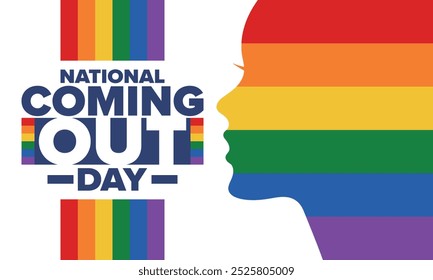 National Coming Out Day. Pride month. LGBT rainbow flag. Happy holiday. Diversity and equality. Gay and lesbian. Free love, heart shape. Illustration. Vector poster