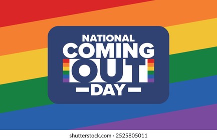 National Coming Out Day. Pride month. LGBT rainbow flag. Happy holiday. Diversity and equality. Gay and lesbian. Free love, heart shape. Illustration. Vector poster