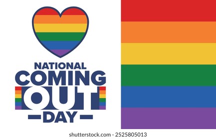 National Coming Out Day. Pride month. LGBT rainbow flag. Happy holiday. Diversity and equality. Gay and lesbian. Free love, heart shape. Illustration. Vector poster