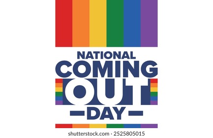 National Coming Out Day. Pride month. LGBT rainbow flag. Happy holiday. Diversity and equality. Gay and lesbian. Free love, heart shape. Illustration. Vector poster