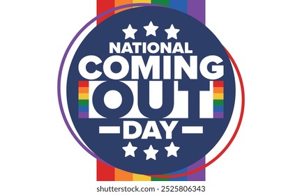 National Coming Out Day. Pride month. LGBT rainbow flag. Happy holiday. Diversity and equality. Gay and lesbian. Free love, heart shape. Illustration. Vector poster