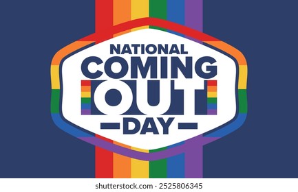 National Coming Out Day. Pride month. LGBT rainbow flag. Happy holiday. Diversity and equality. Gay and lesbian. Free love, heart shape. Illustration. Vector poster