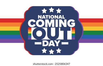 National Coming Out Day. Pride month. LGBT rainbow flag. Happy holiday. Diversity and equality. Gay and lesbian. Free love, heart shape. Illustration. Vector poster