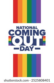 National Coming Out Day. Pride month. LGBT rainbow flag. Happy holiday. Diversity and equality. Gay and lesbian. Free love, heart shape. Illustration. Vector poster