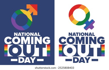 National Coming Out Day. Pride month. LGBT rainbow flag. Happy holiday. Diversity and equality. Gay and lesbian. Free love, heart shape. Illustration. Vector poster