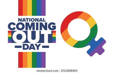 National Coming Out Day. Pride month. LGBT rainbow flag. Happy holiday. Diversity and equality. Gay and lesbian. Free love, heart shape. Illustration. Vector poster