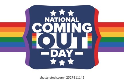 National Coming Out Day. Pride month. LGBT rainbow flag. Happy holiday. Diversity and equality. Gay and lesbian. Free love, heart shape. Illustration. Vector poster