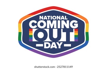 National Coming Out Day. Pride month. LGBT rainbow flag. Happy holiday. Diversity and equality. Gay and lesbian. Free love, heart shape. Illustration. Vector poster