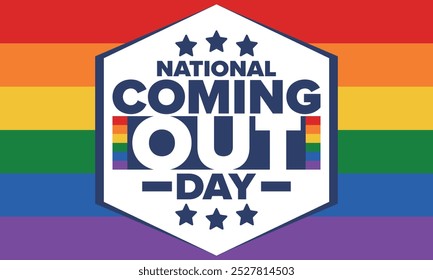 National Coming Out Day. Pride month. LGBT rainbow flag. Happy holiday. Diversity and equality. Gay and lesbian. Free love, heart shape. Illustration. Vector poster