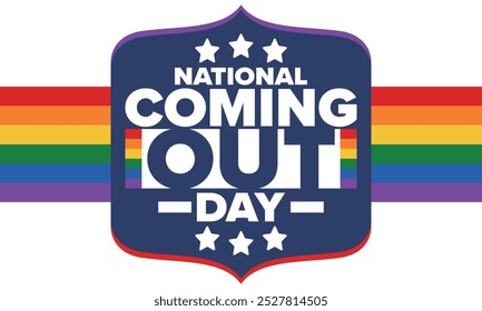 National Coming Out Day. Pride month. LGBT rainbow flag. Happy holiday. Diversity and equality. Gay and lesbian. Free love, heart shape. Illustration. Vector poster