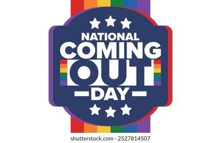 National Coming Out Day. Pride month. LGBT rainbow flag. Happy holiday. Diversity and equality. Gay and lesbian. Free love, heart shape. Illustration. Vector poster